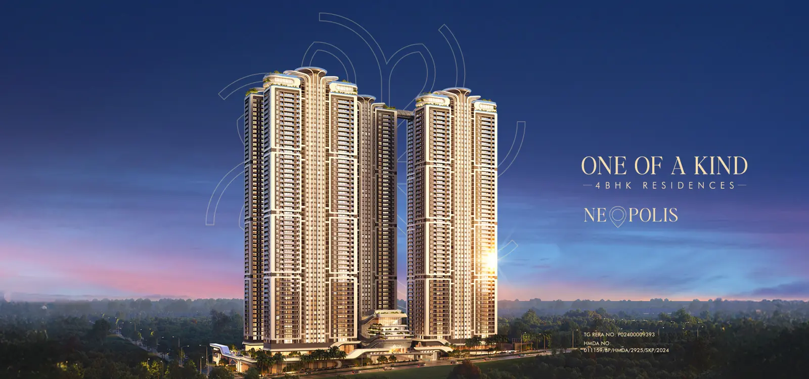 Evening render of the ONE by MSN towers at Neopolis Plot 6, Kokapet
